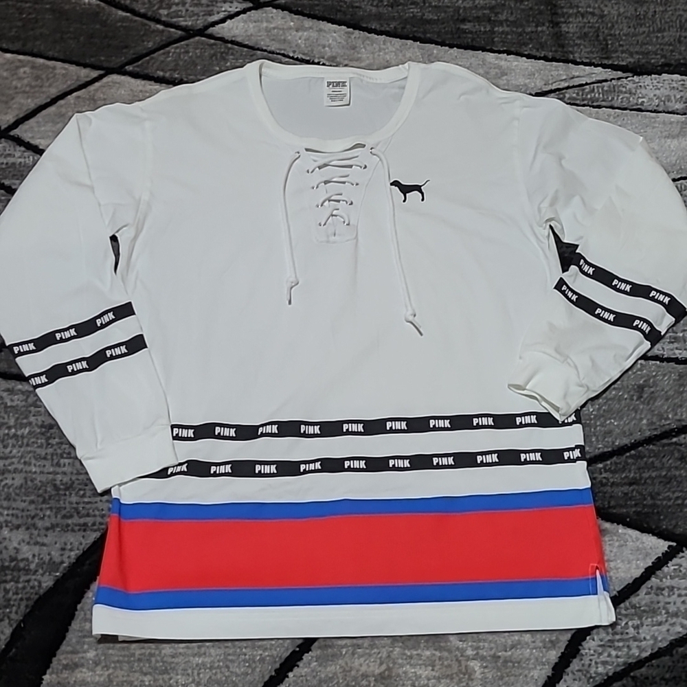 VS PINK 2018 Campus Lace-up V-Neck Ticking Logo Long-sleeve Tee-Shirt